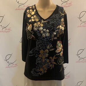 Tantrum. Size Small. Floral 3/4 Sleeve Cotton Pullover Top. Metallic. B82.